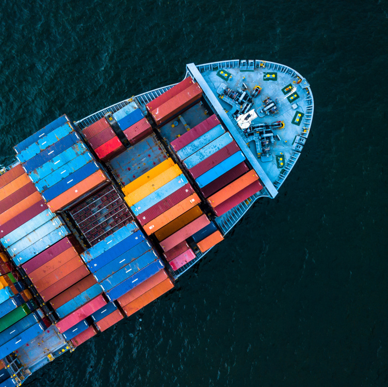 Aerial top view container cargo ship in import export business commercial trade logistic and transportation of international by container cargo ship in the open sea, Container cargo freight shipping.
